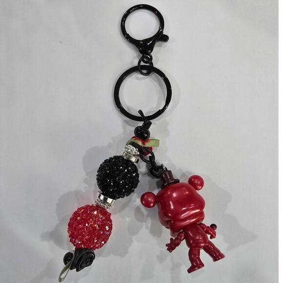 Handmade Reworked Red Bear Bag Charm Keychain - Picture 4 of 8